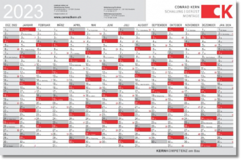 Plakatkalender mit Schweizer Kalendarium und 14 Monatsspalten