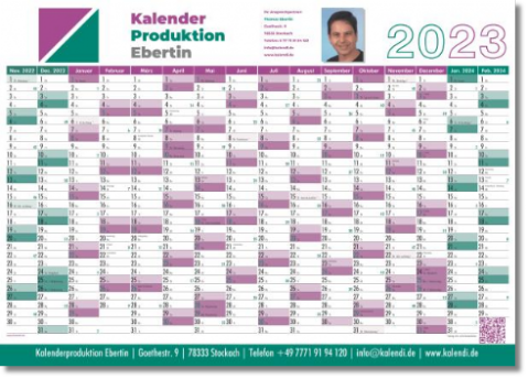 Plakatkalender 2023 mit Messeterminen, 16 Monatsspalten